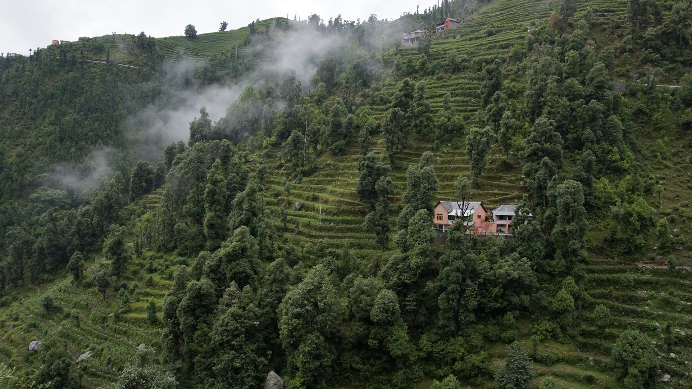 Une maison orangée dans un paysage entièrement vert en approchant de Chamba - Himachal Pradesh