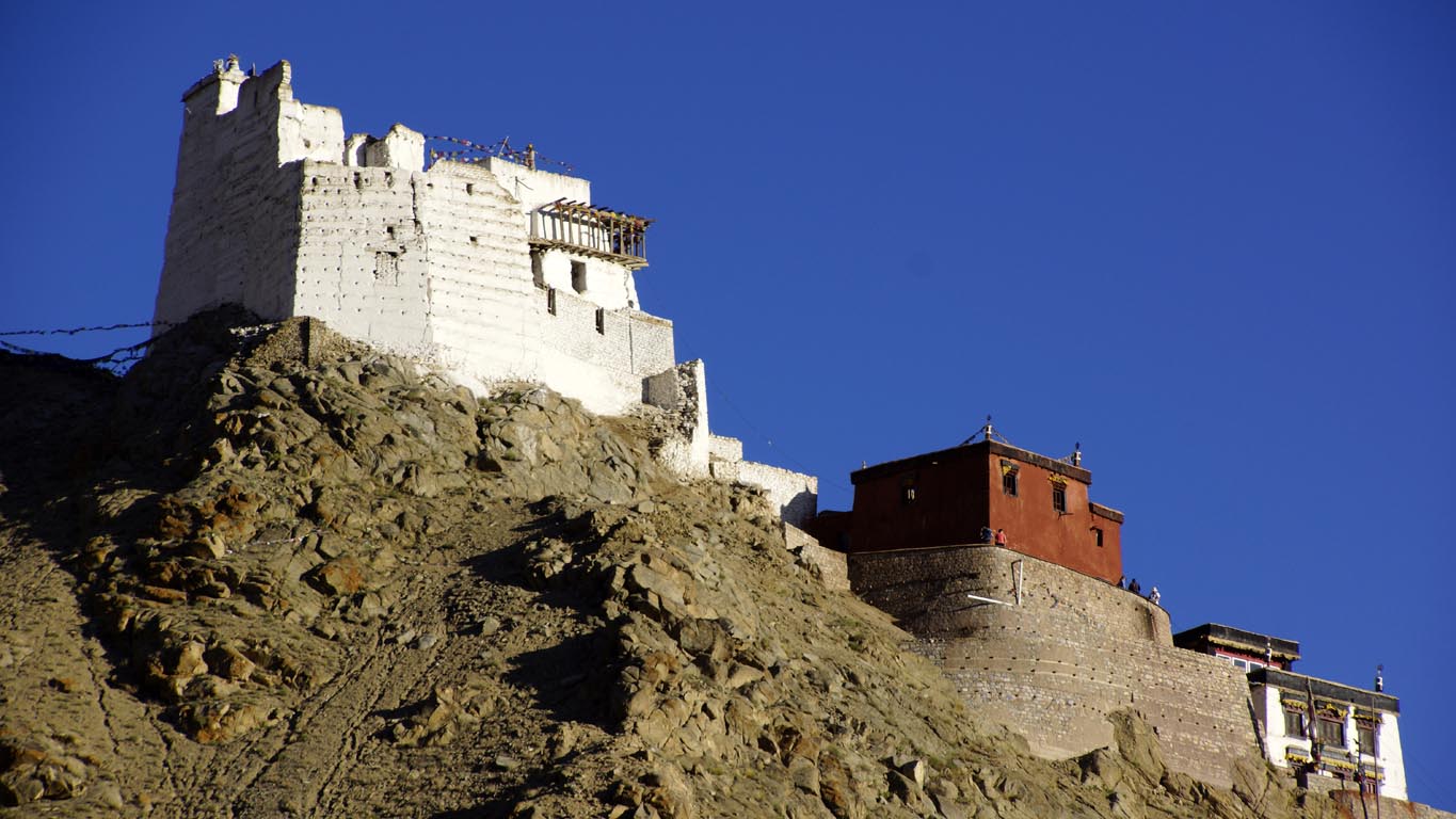 Monastère bouddhiste et Namgyal Tsemo forteresse au sommet de la montagne au-dessus de la ville de Leh sur fond de ciel bleu foncé limpide