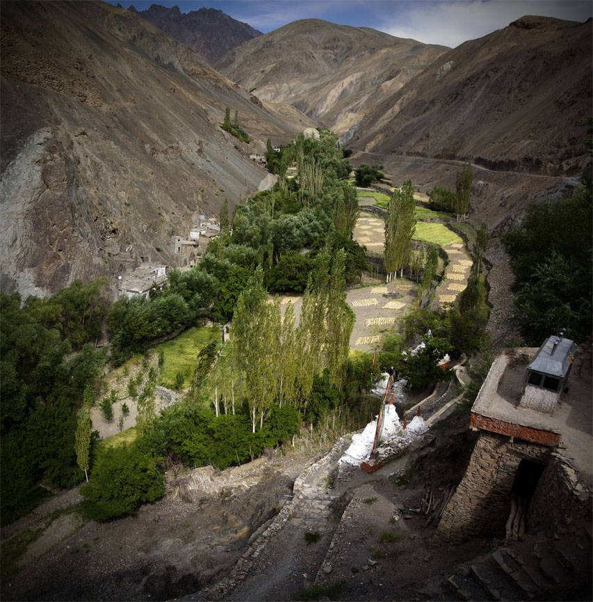 comme un bateau de verdure et de culture s'avançant dans la vallée, vu du haut du monastère de Wanla près de Lamayuru Ladakh