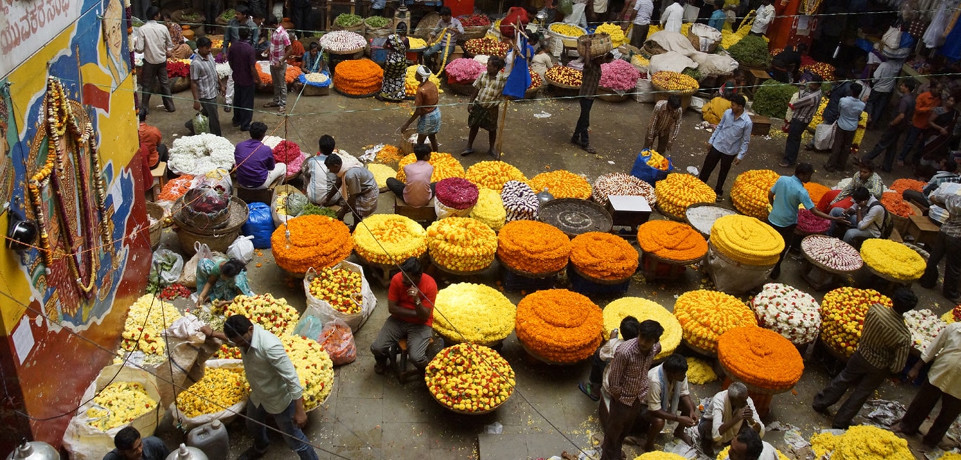 Les photogéniques "gâteaux" d'œillets d'Inde jaunes et oranges au city market de Bangalore
