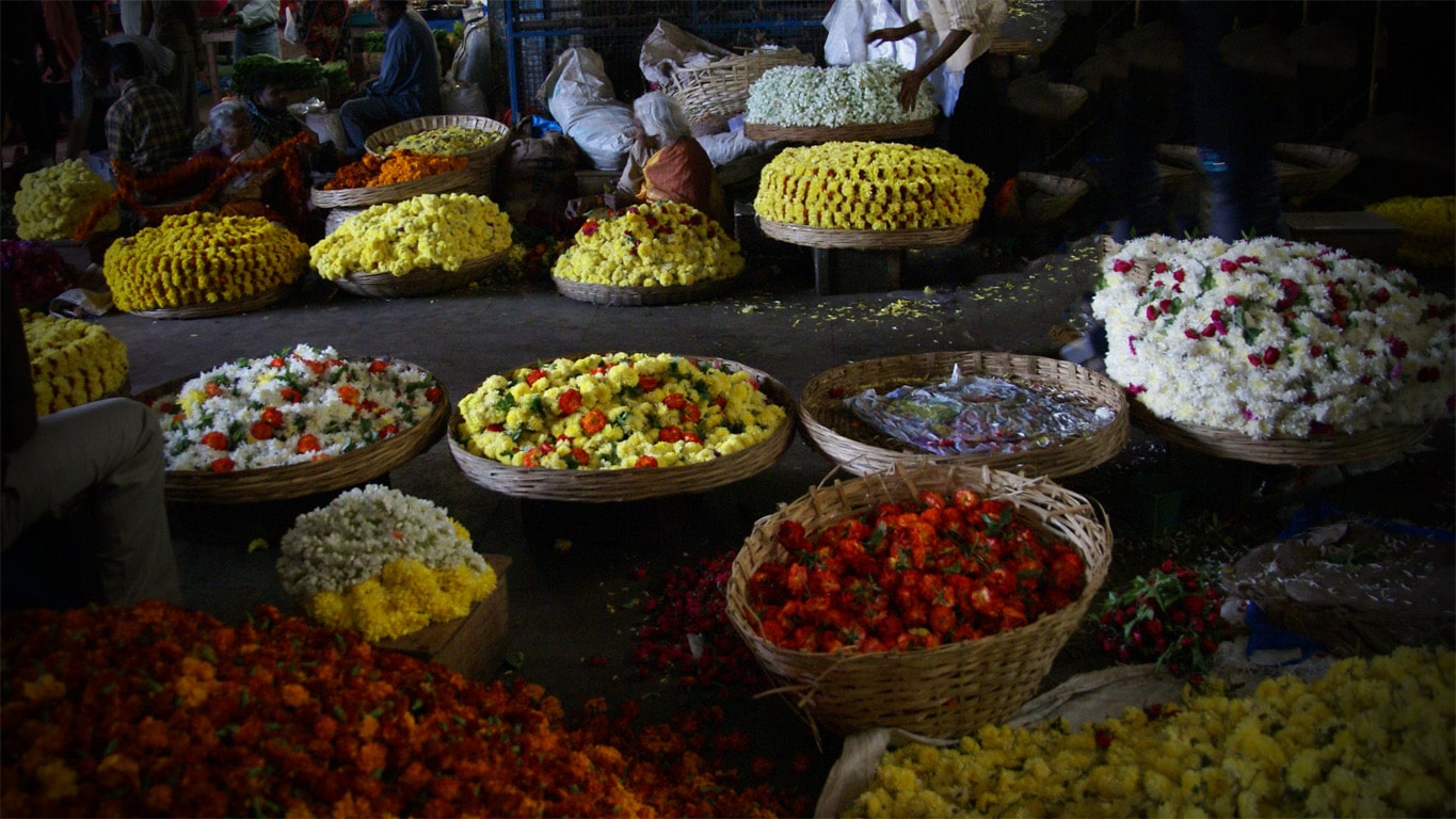 magnifique ensemble de corbeilles de fleurs, jaunes, oranges, blanches et rouges au city market Bangalore