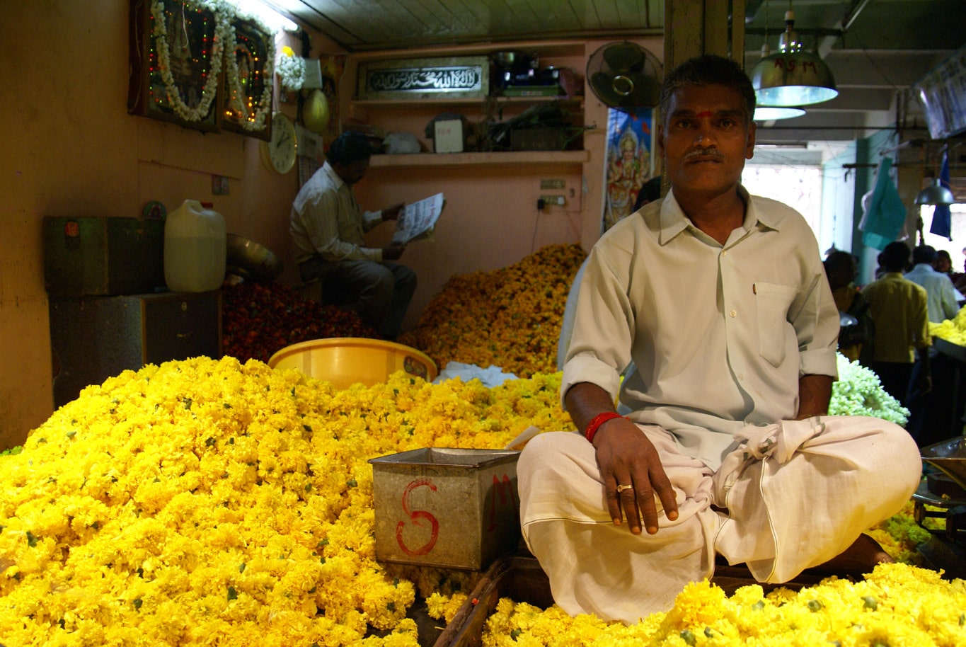 Ce marchand de fleurs trône comme un bouddha sur son tapis d'œillets d'un jaune éclatant au city market Bangalore